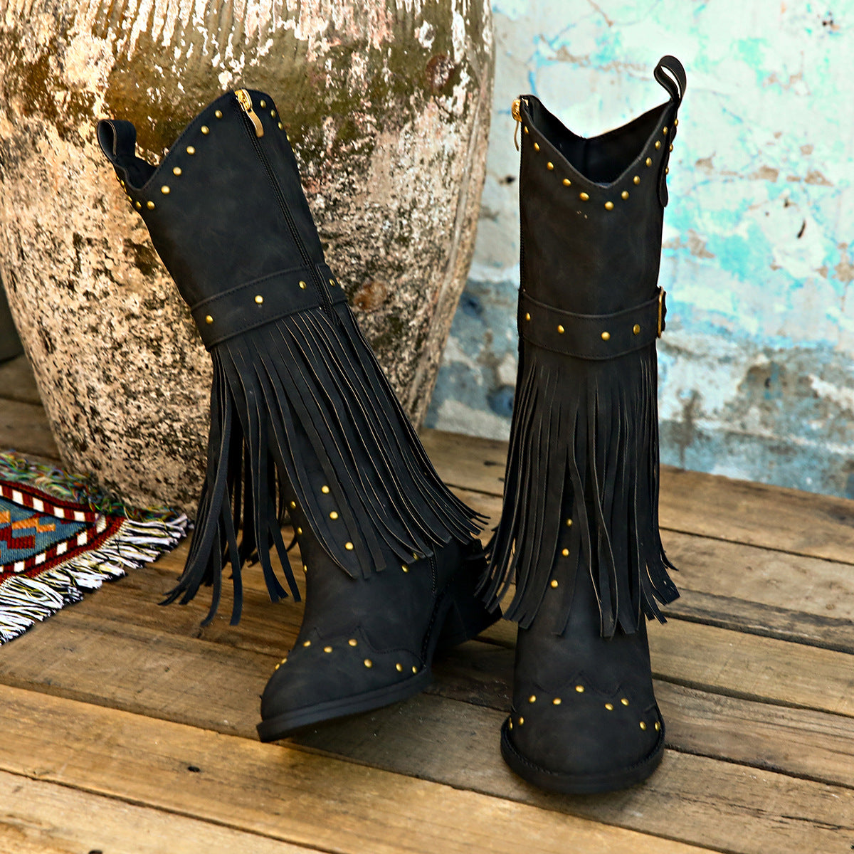 Studded Fringe Block Heel Boots-Jewearrings