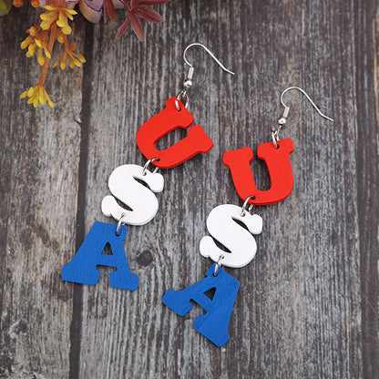 USA Wooden Letter Dangle Earrings-Jewearrings