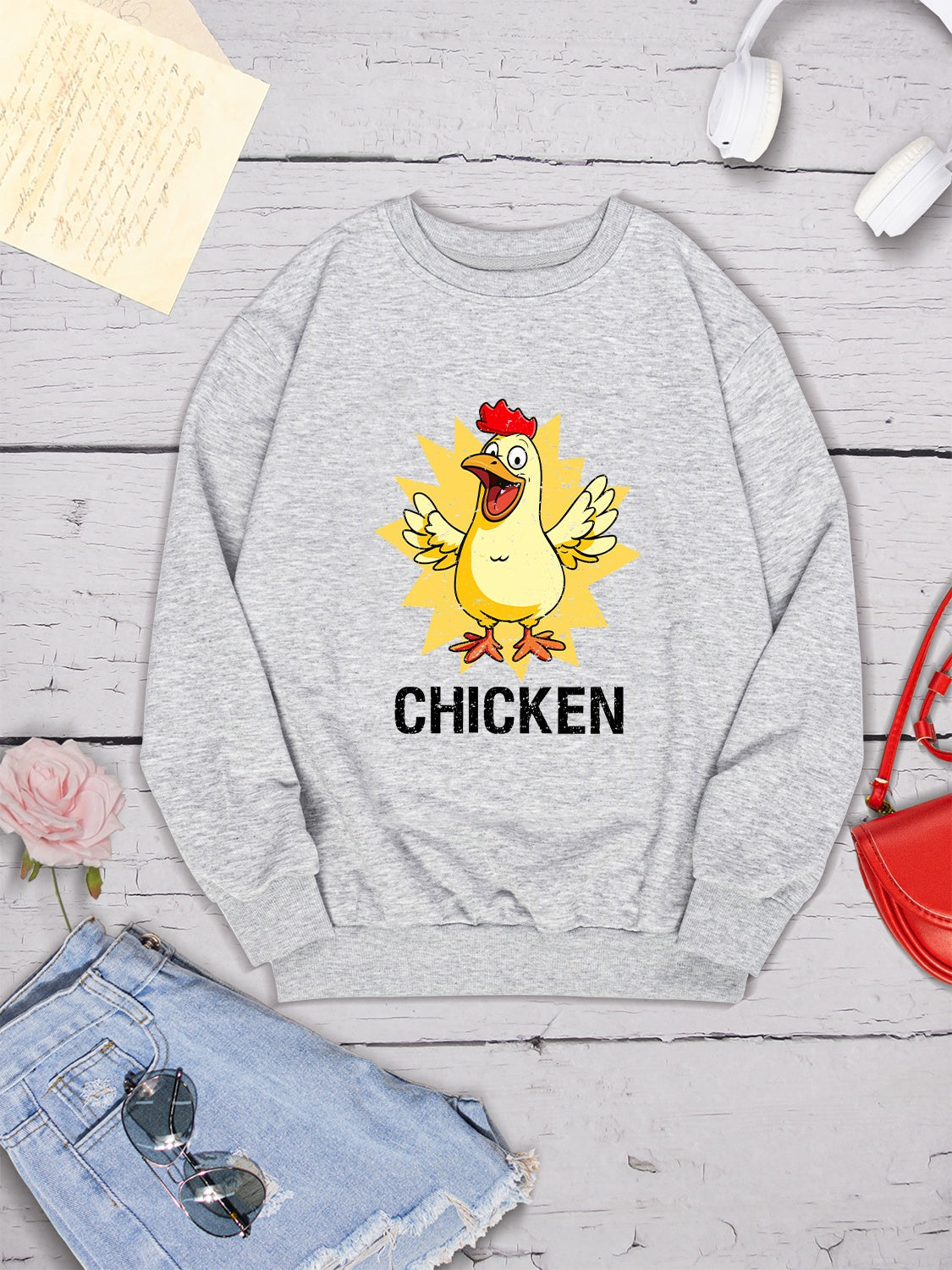 CHICKEN Round Neck Dropped Shoulder Sweatshirt-Jewearrings