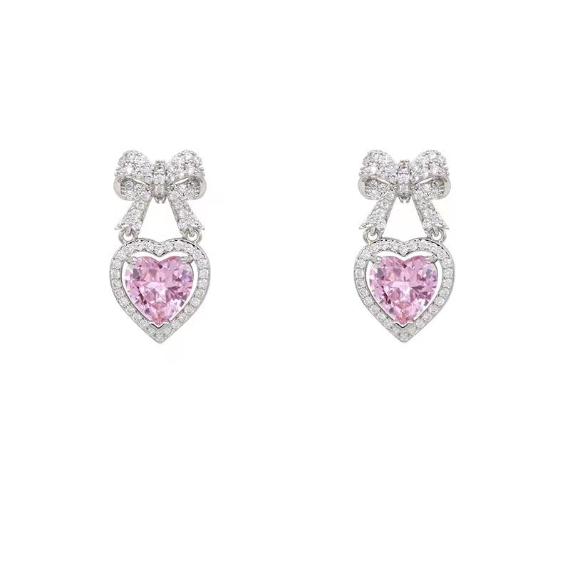 Airy Zirconia Bow Love Dangle Earrings-Jewearrings