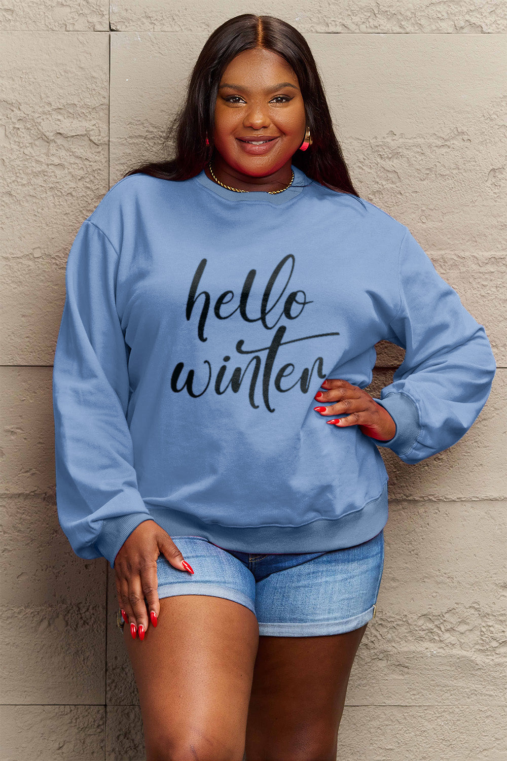 Simply Love Full Size HELLO WINTER Graphic Sweatshirt-Jewearrings