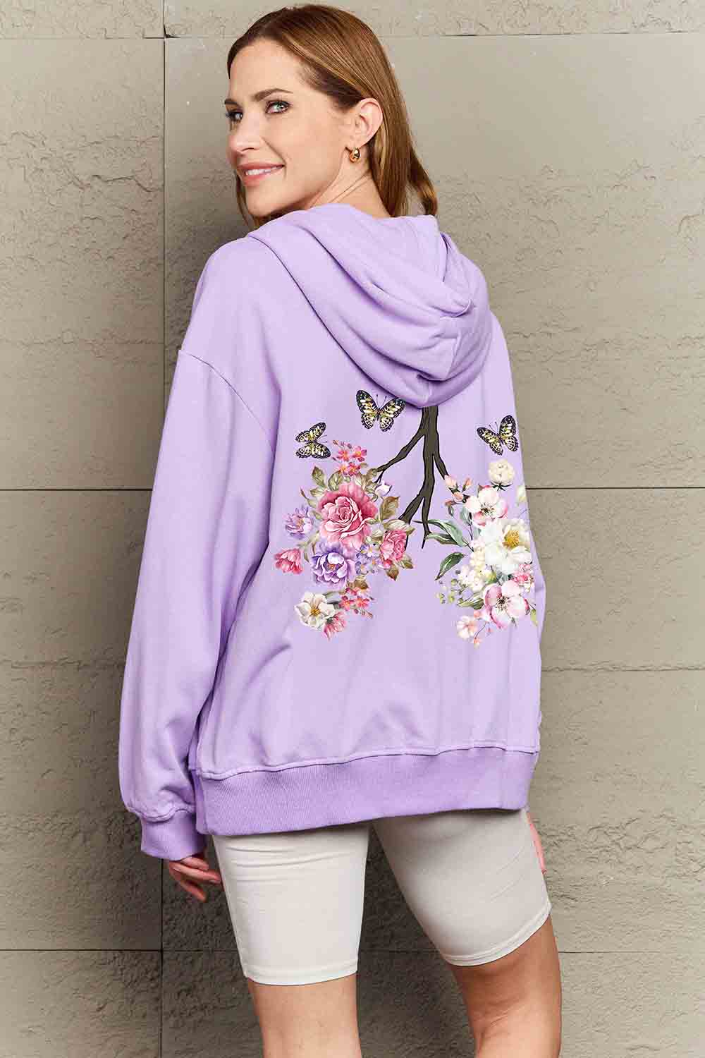 Simply Love Full Size Flower & Butterfly Graphic Hoodie-Jewearrings