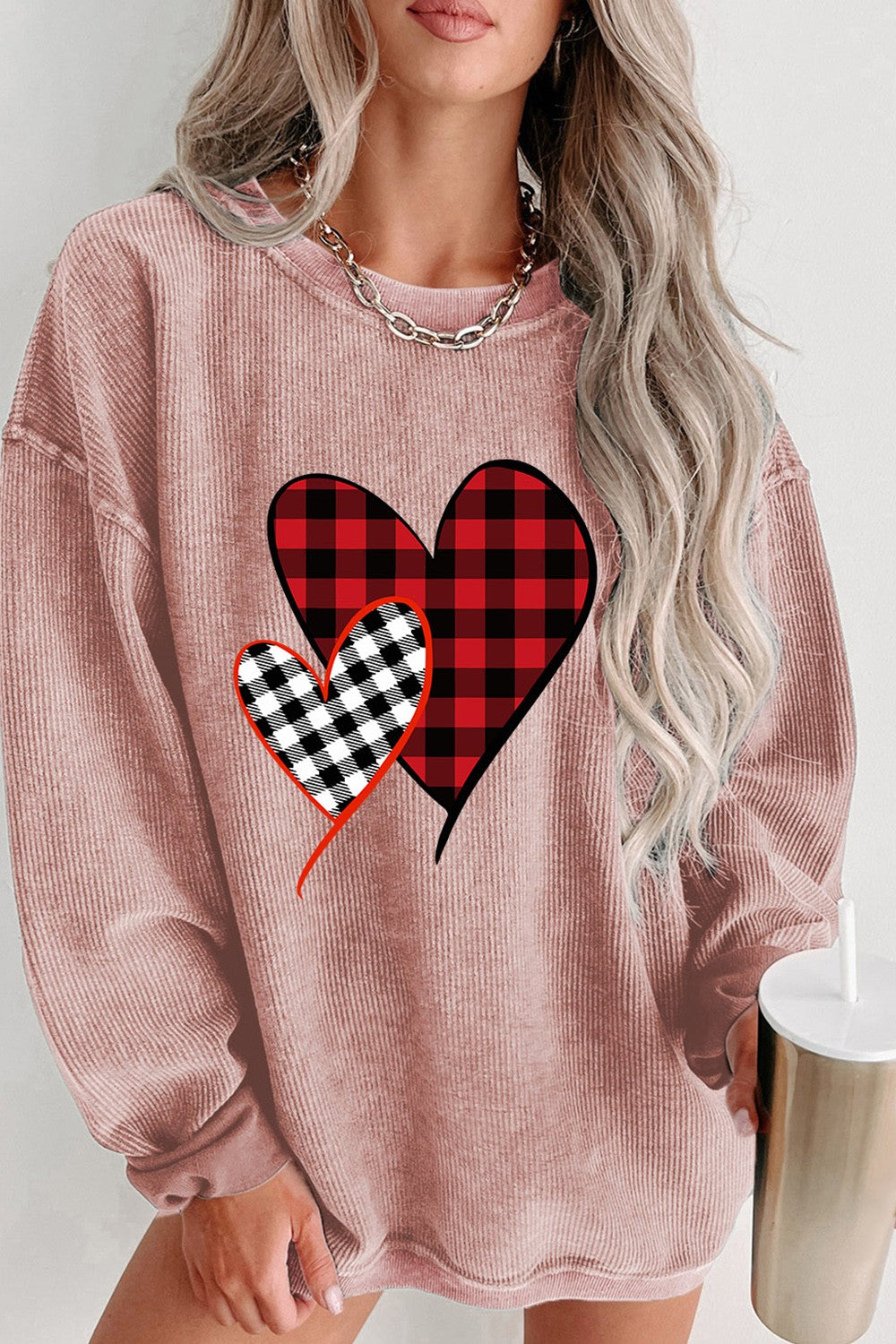 Heart Round Neck Dropped Shoulder Sweatshirt-Jewearrings