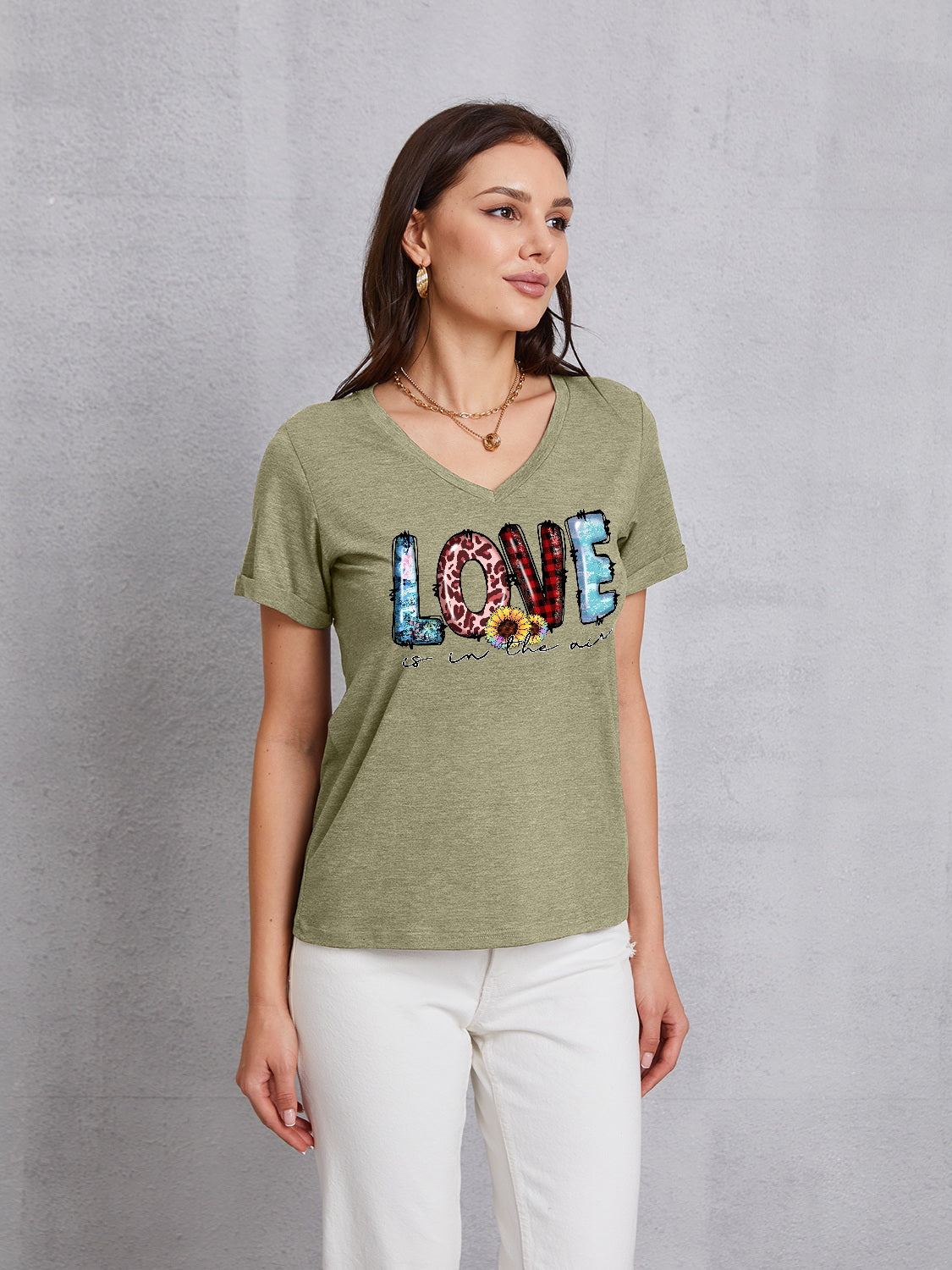 Letter Graphic V-Neck Short Sleeve T-Shirt-Jewearrings