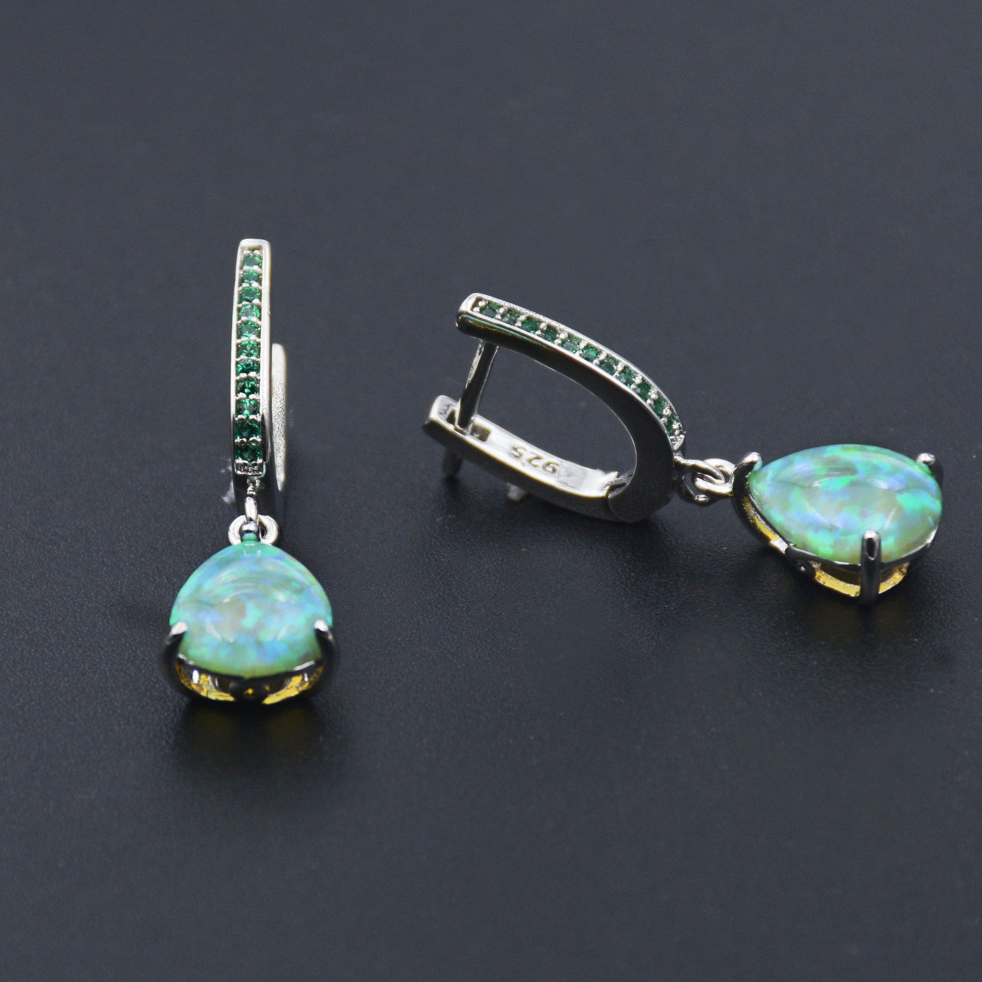 Green Drop Inlaid Zircon Opal Earrings-Jewearrings