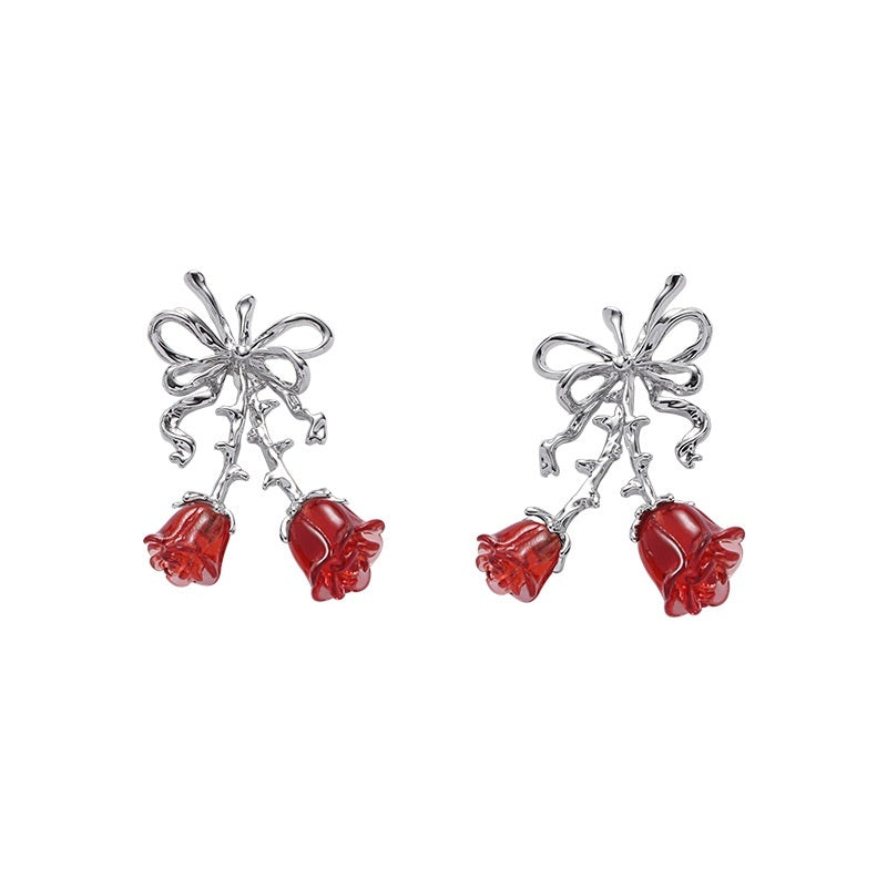 Red Rose Bow Earrings For Women-Jewearrings