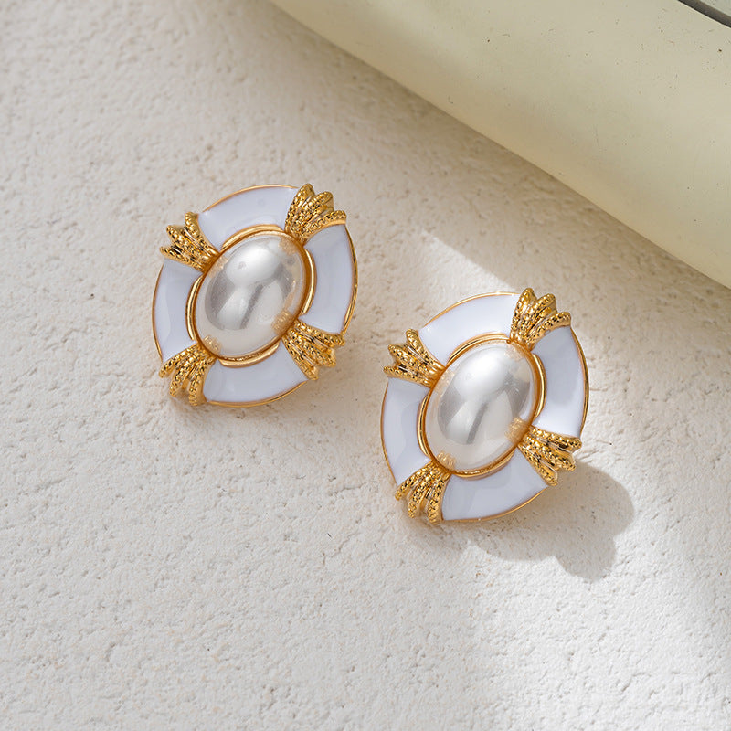 Temperament Entry Lux Enamel Dripping Vintage Pearl Earrings-Jewearrings