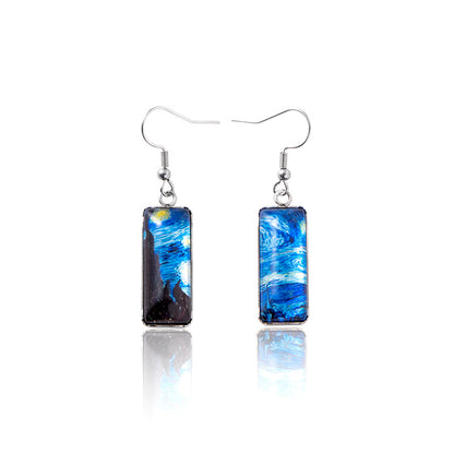 Van Gogh Painting Starry Glass Earrings Vintage Square Stainless Steel Dangle Earrings-Jewearrings