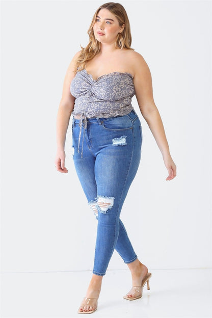 Zenobia Plus Size Drawstring Smocked Floral Tube Top-Jewearrings