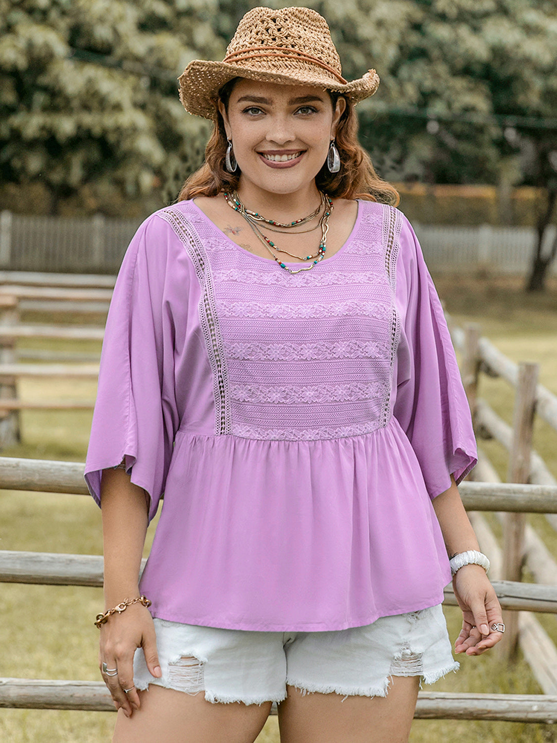 Plus Size Lace Detail Round Neck Three-Quarter Sleeve Blouse-Jewearrings