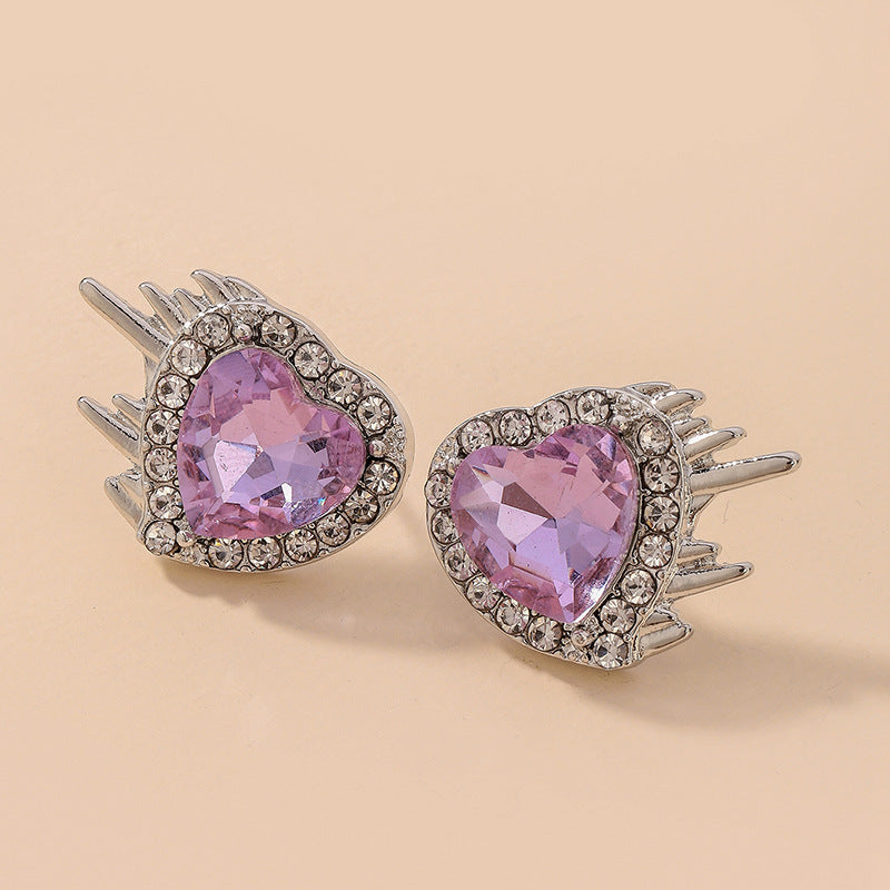 925 Silver Needle Personality Purple Crystal Rhinestone Love Stud Earrings-Jewearrings