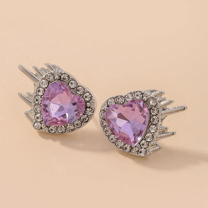 925 Silver Needle Personality Purple Crystal Rhinestone Love Stud Earrings-Jewearrings