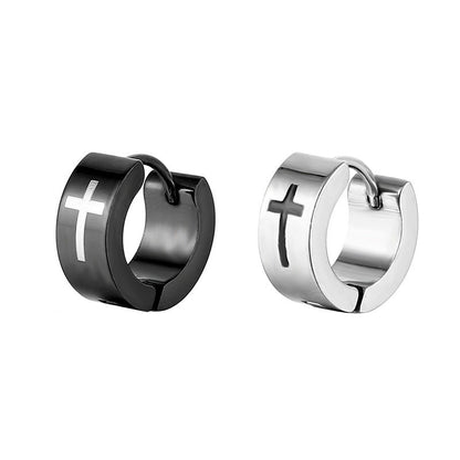 Black Silver Stainless Steel Cross Stud Earrings For Men-Jewearrings