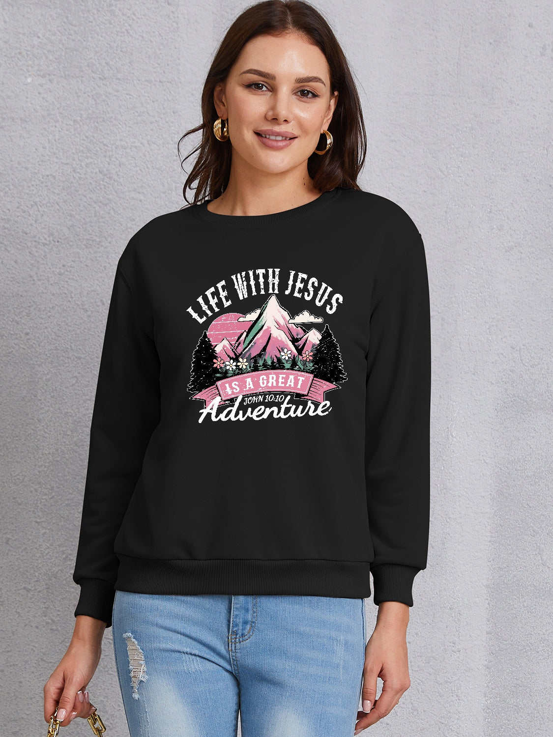 LIFE WITH JESUS IS A GREAT ADVENTURE Round Neck Sweatshirt-Jewearrings