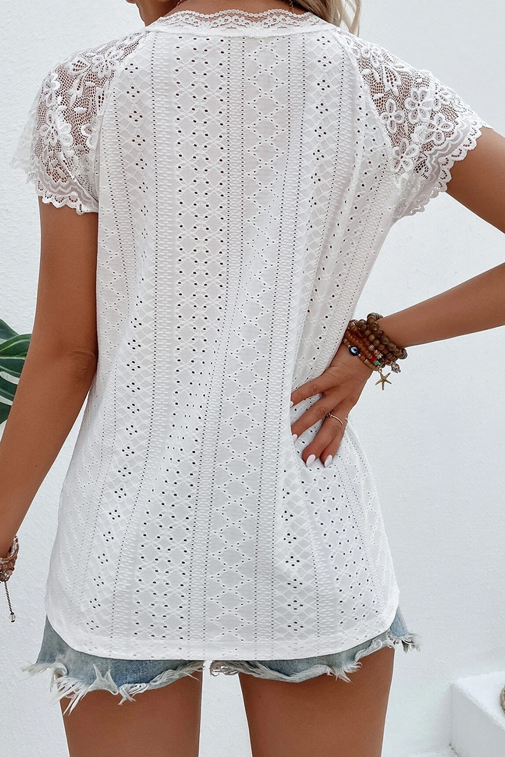 Eyelet Lace Detail V-Neck T-Shirt-Jewearrings