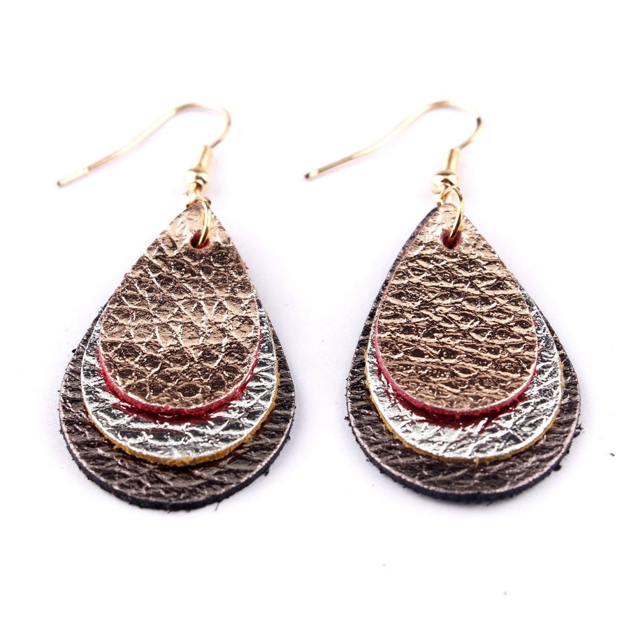 Three Layered Glitter Pride Litchi Print PU Leather Teardrop Earrings Rose Gold Multi-layer Leather Hook Earrings Brincos-Jewearrings