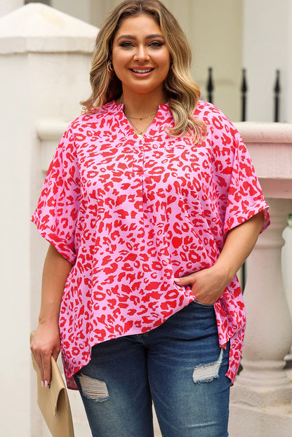 Plus Size Printed Notched Neck Half Sleeve Top-Jewearrings