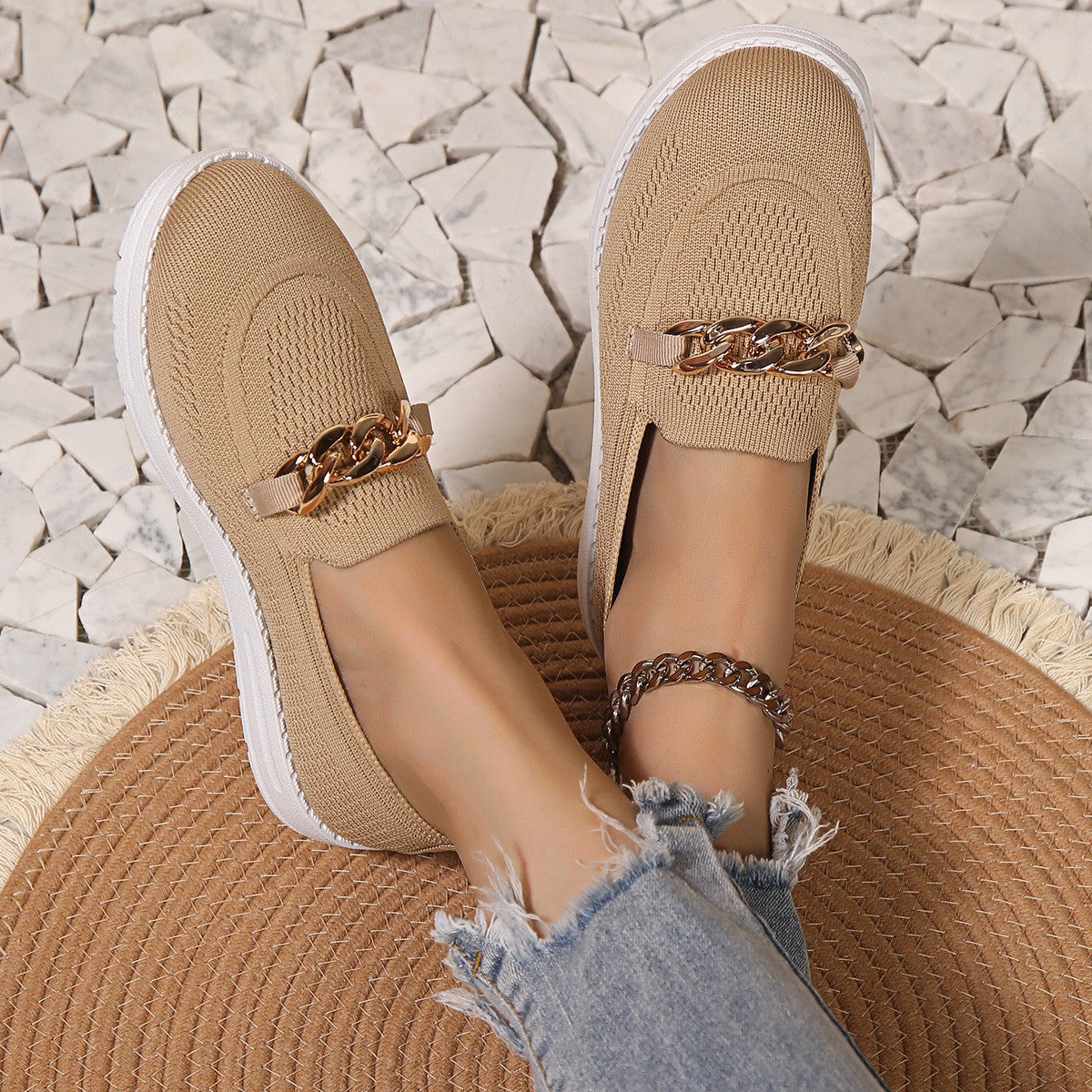 Chain Trim Round Toe Slip-Ons-Jewearrings