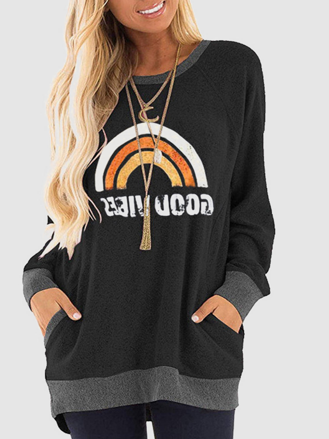 Rainbow Graphic Round Neck Sweatshirt with Pockets-Jewearrings