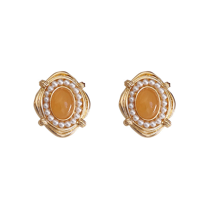 New Palace Style Earrings Yellow Gemstone Pearl Ring-Jewearrings