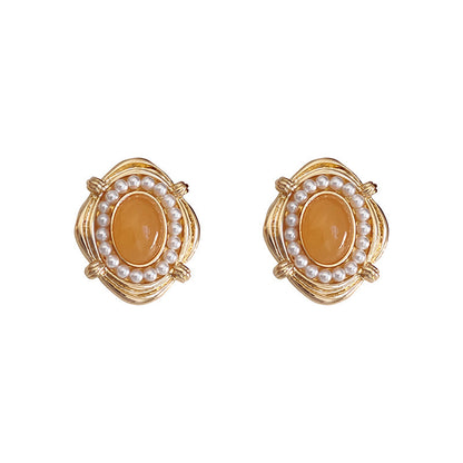 New Palace Style Earrings Yellow Gemstone Pearl Ring-Jewearrings