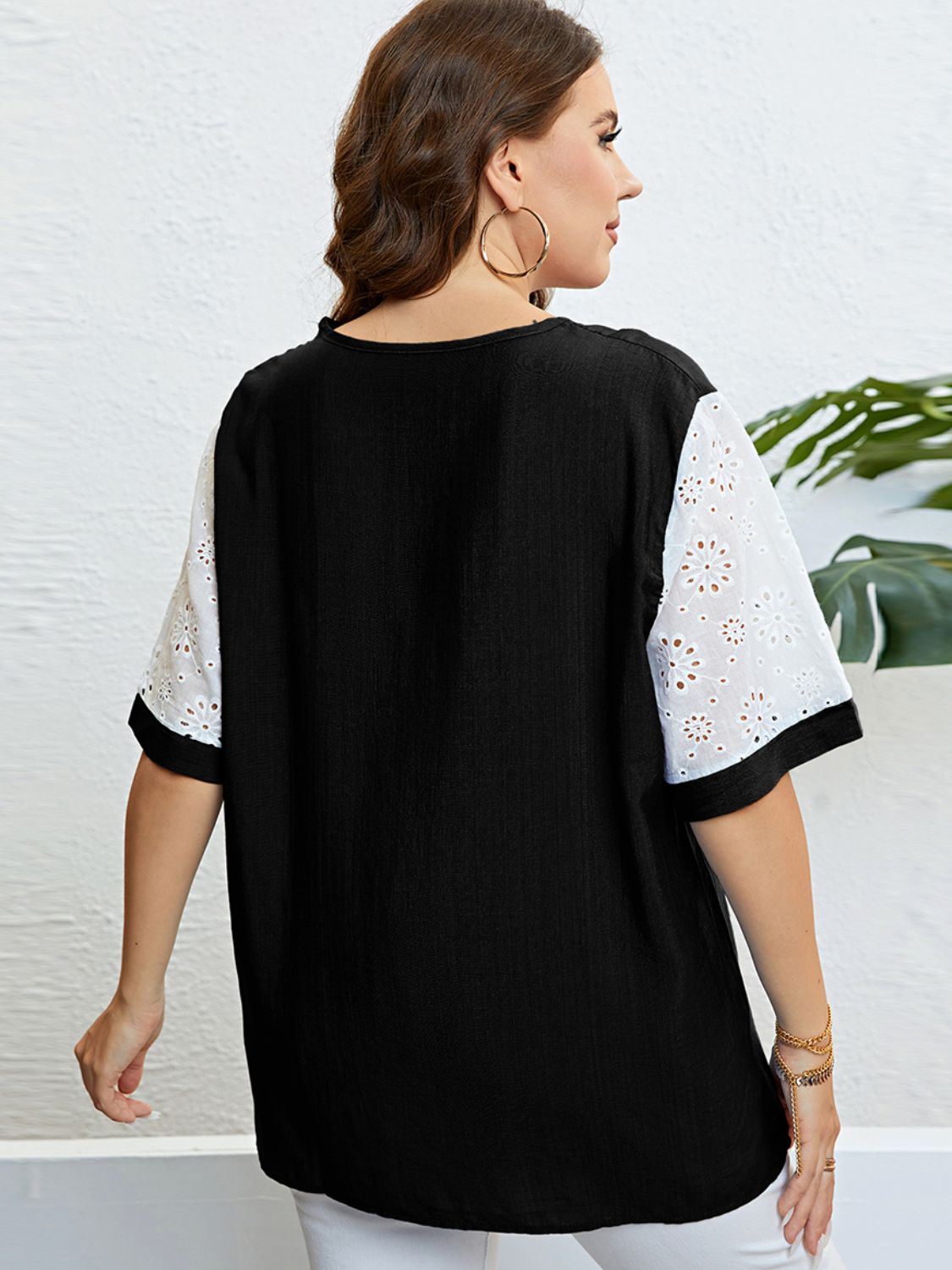 Plus Size Contrast Decorative Button Half Sleeve Top-Jewearrings