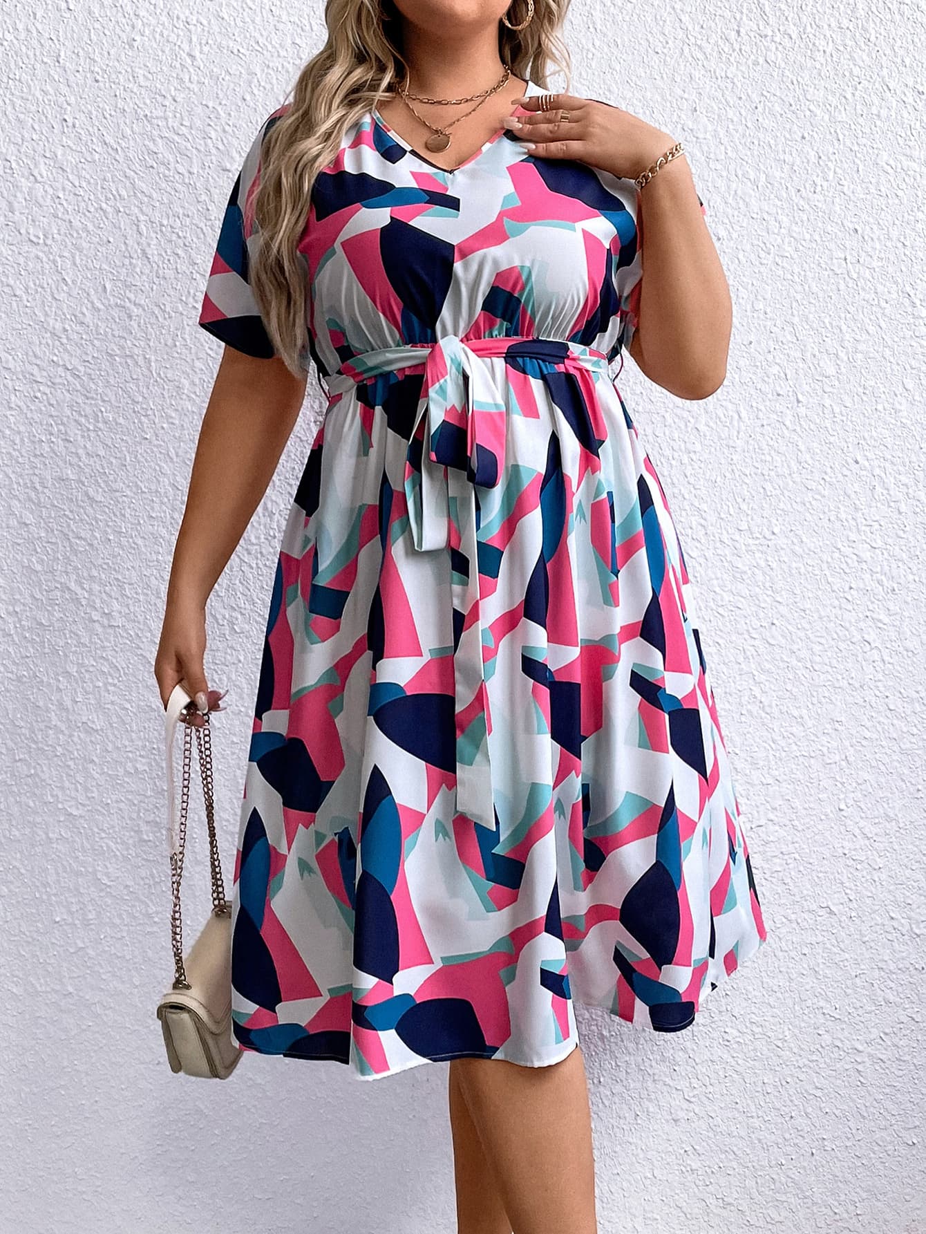 Plus Size Multicolored V-Neck Tie Waist Dress-Jewearrings