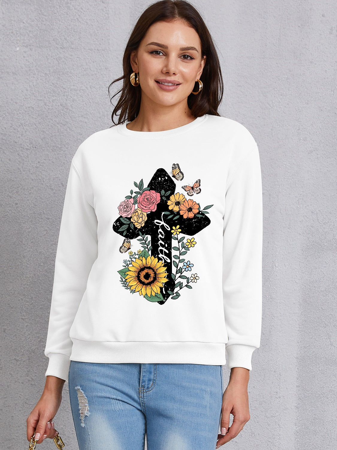 Graphic Round Neck Dropped Shoulder Sweatshirt-Jewearrings