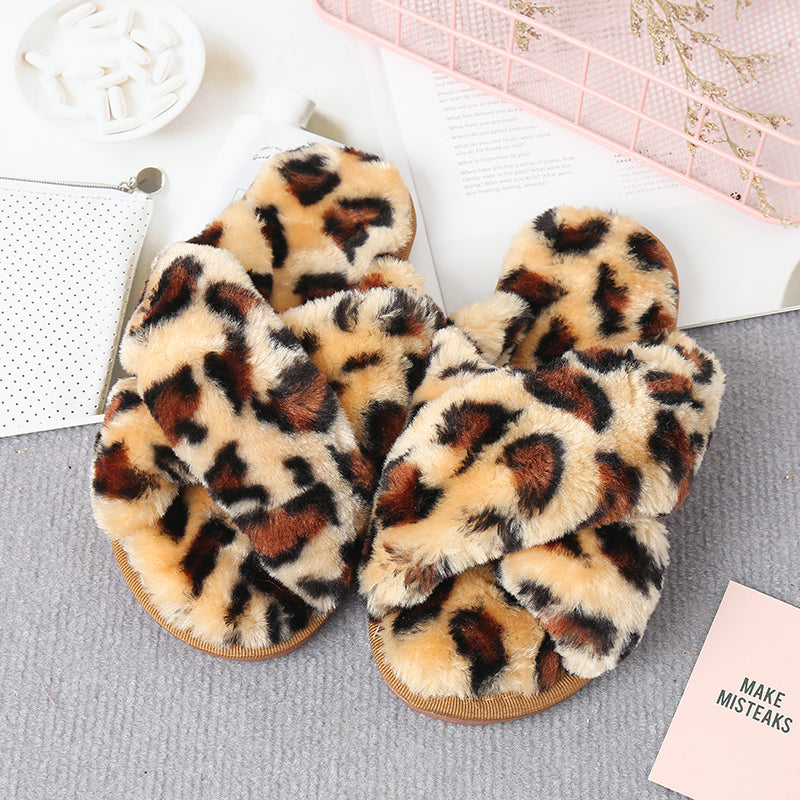 Faux Fur Crisscross Strap Slippers-Jewearrings