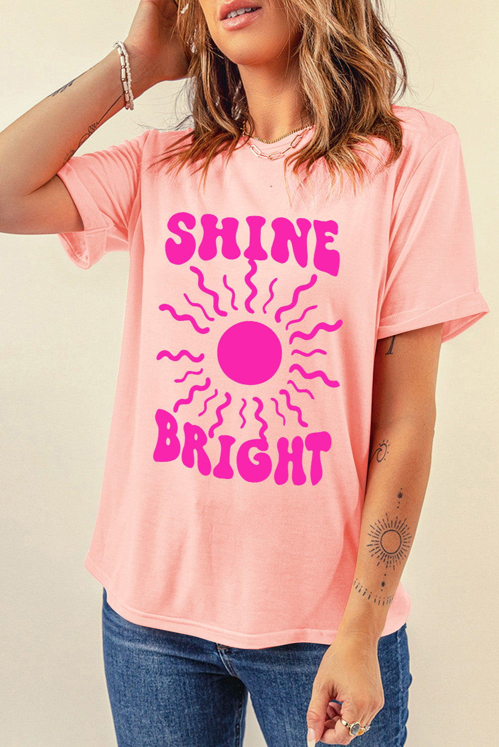 SHINE BRIGHT Round Neck Short Sleeve T-Shirt-Jewearrings