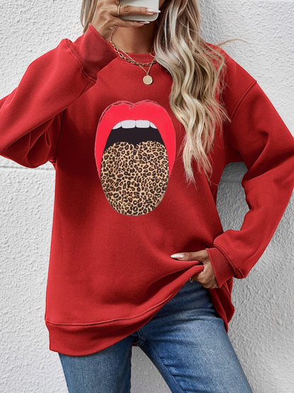 Leopard Lip Graphic Round Neck Sweatshirt-Jewearrings