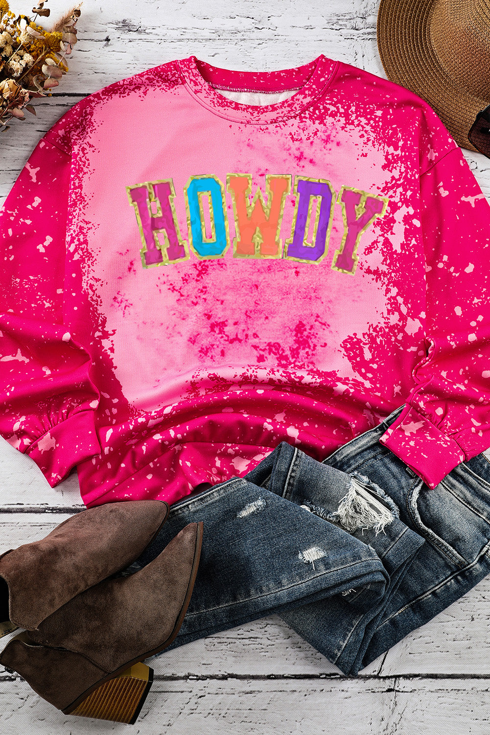 HOWDY Tie-Dye Round Neck Sweatshirt-Jewearrings