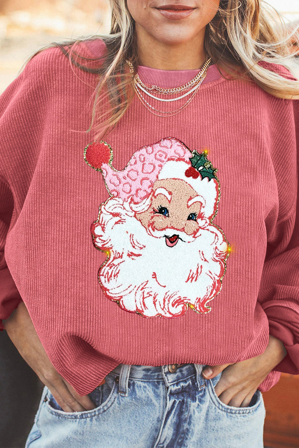 Ribbed Santa Graphic Round Neck Sweatshirt-Jewearrings