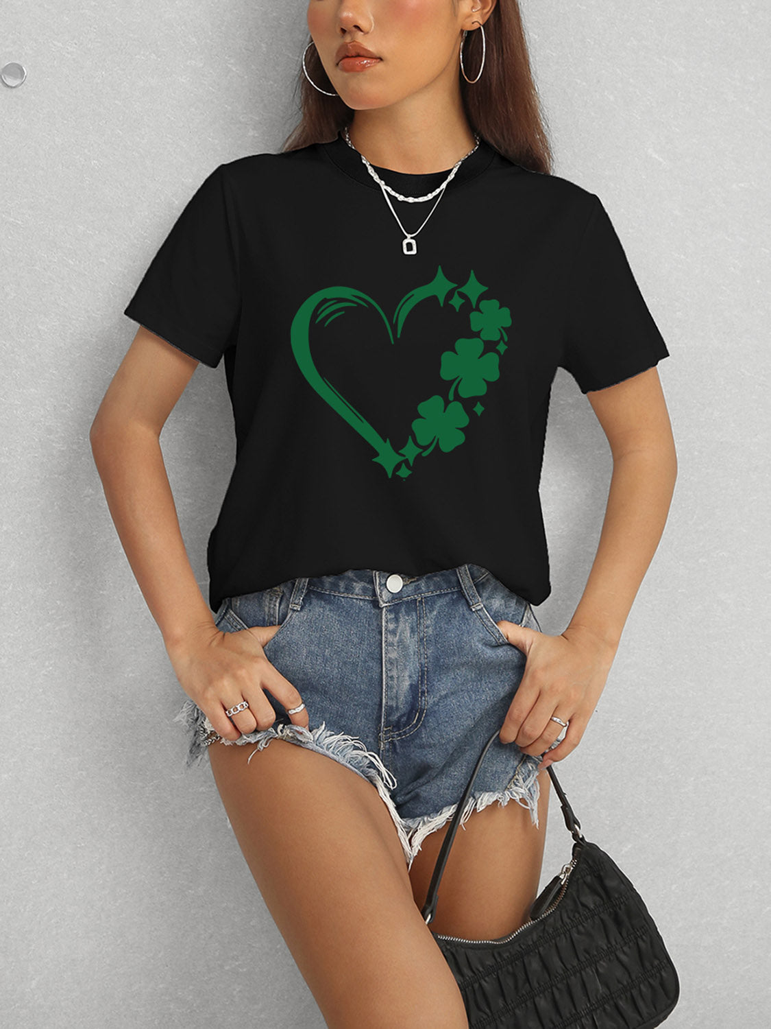 Heart Lucky Clover Round Neck Short Sleeve T-Shirt-Jewearrings