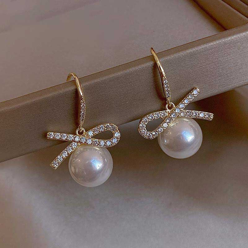 Light Luxury Bowknot Women's Pearl Stud Earrings-Jewearrings