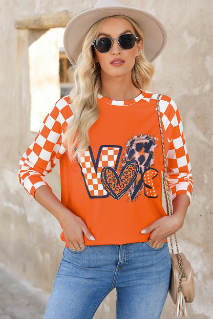 Checkered Round Neck Long Sleeve Sweatshirt-Jewearrings