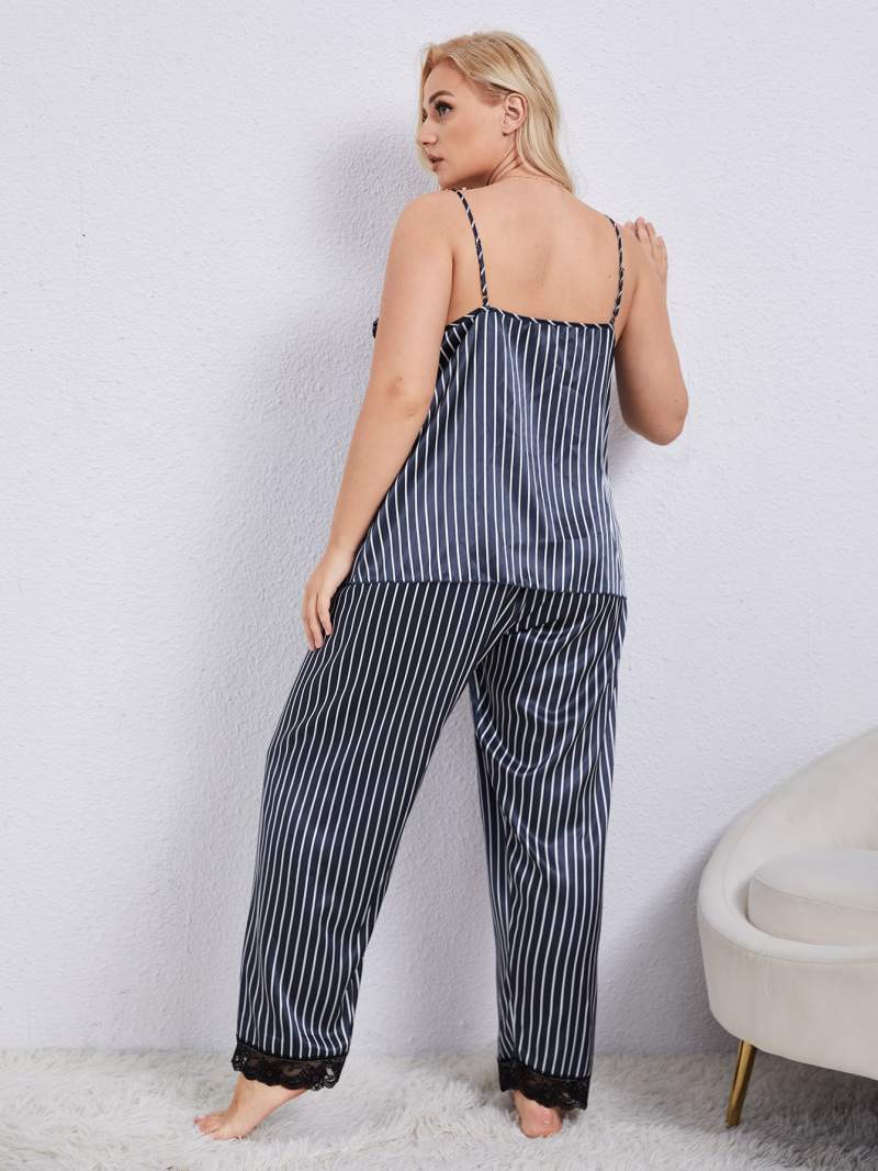 Plus Size Vertical Stripe Lace Trim Cami and Pants Pajama Set-Jewearrings