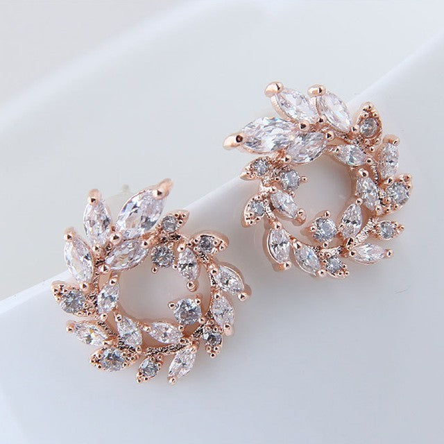 Korean Popular Trendy Leaves Garland Zircon Stud Earrings Simple Artistic-Jewearrings