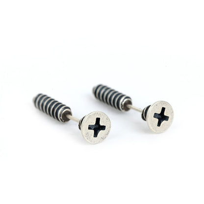 Thai Silver Punk Hip Hop Style Street Screw Stud Earrings-Jewearrings