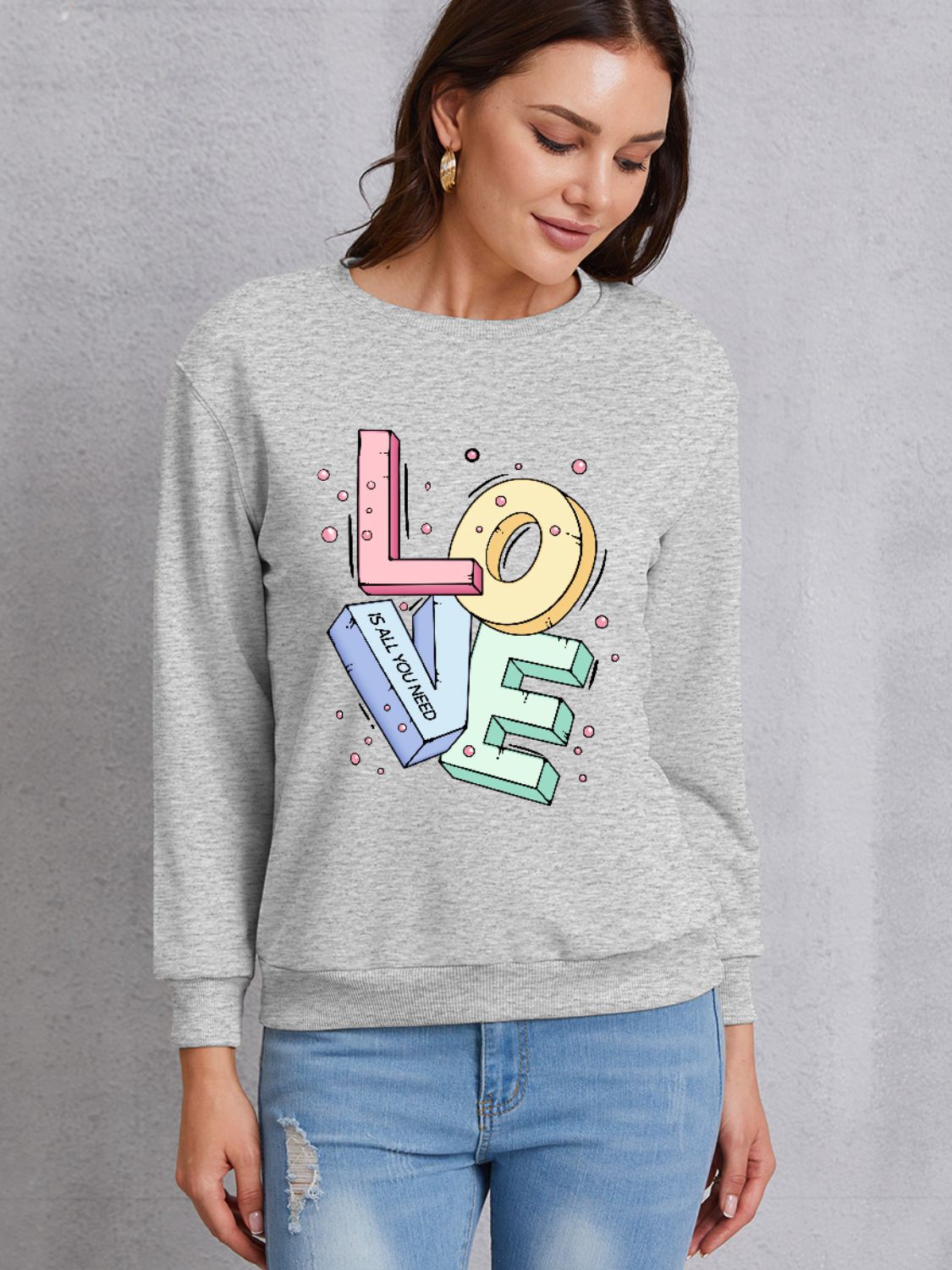 LOVE Round Neck Long Sleeve Sweatshirt-Jewearrings