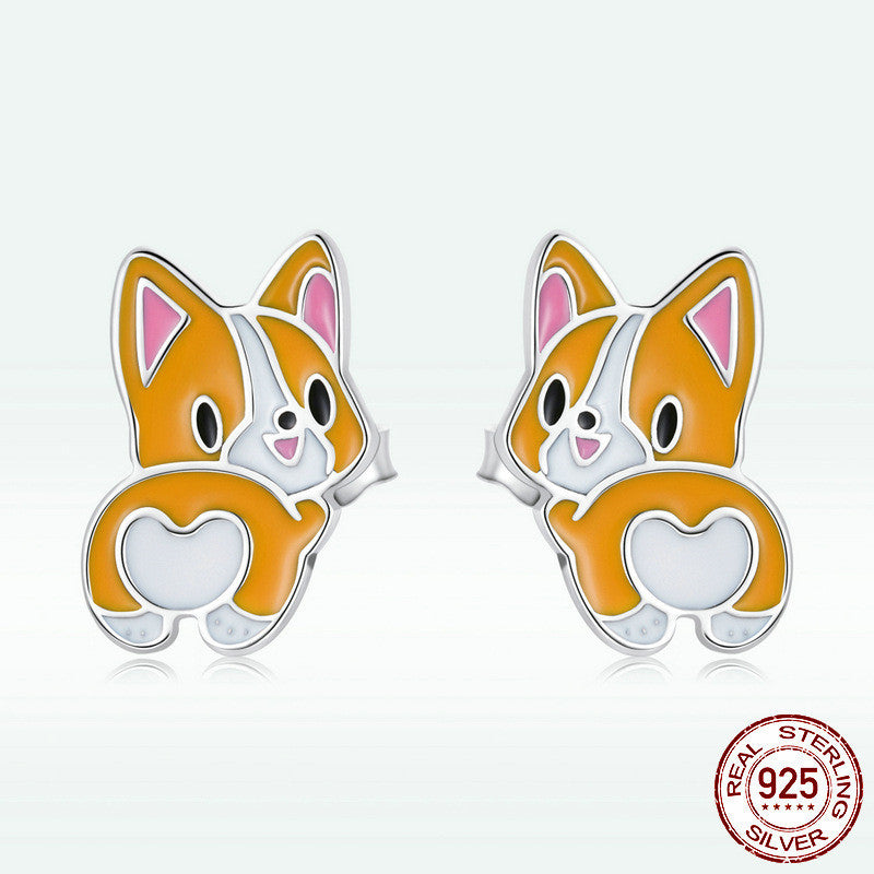 Women's Cute Corgi Sterling Silver S925 Stud Earrings-Jewearrings