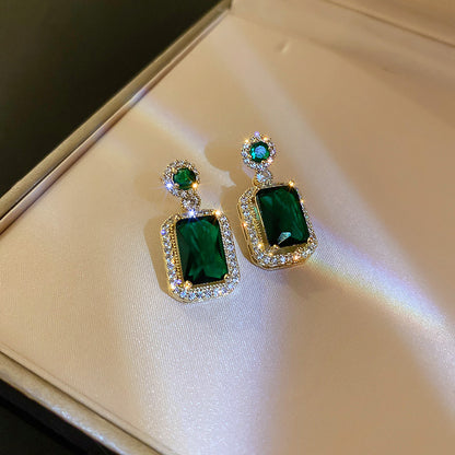 925 Silver Needle Zircon Emerald Crystal Earrings Necklace Set Clavicle Chain-Jewearrings