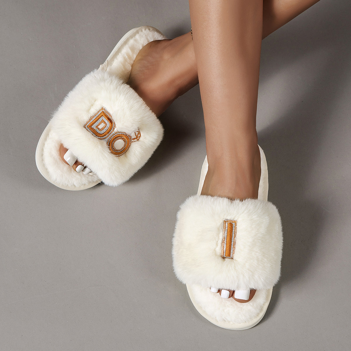 Faux Fur Open Toe Slippers-Jewearrings