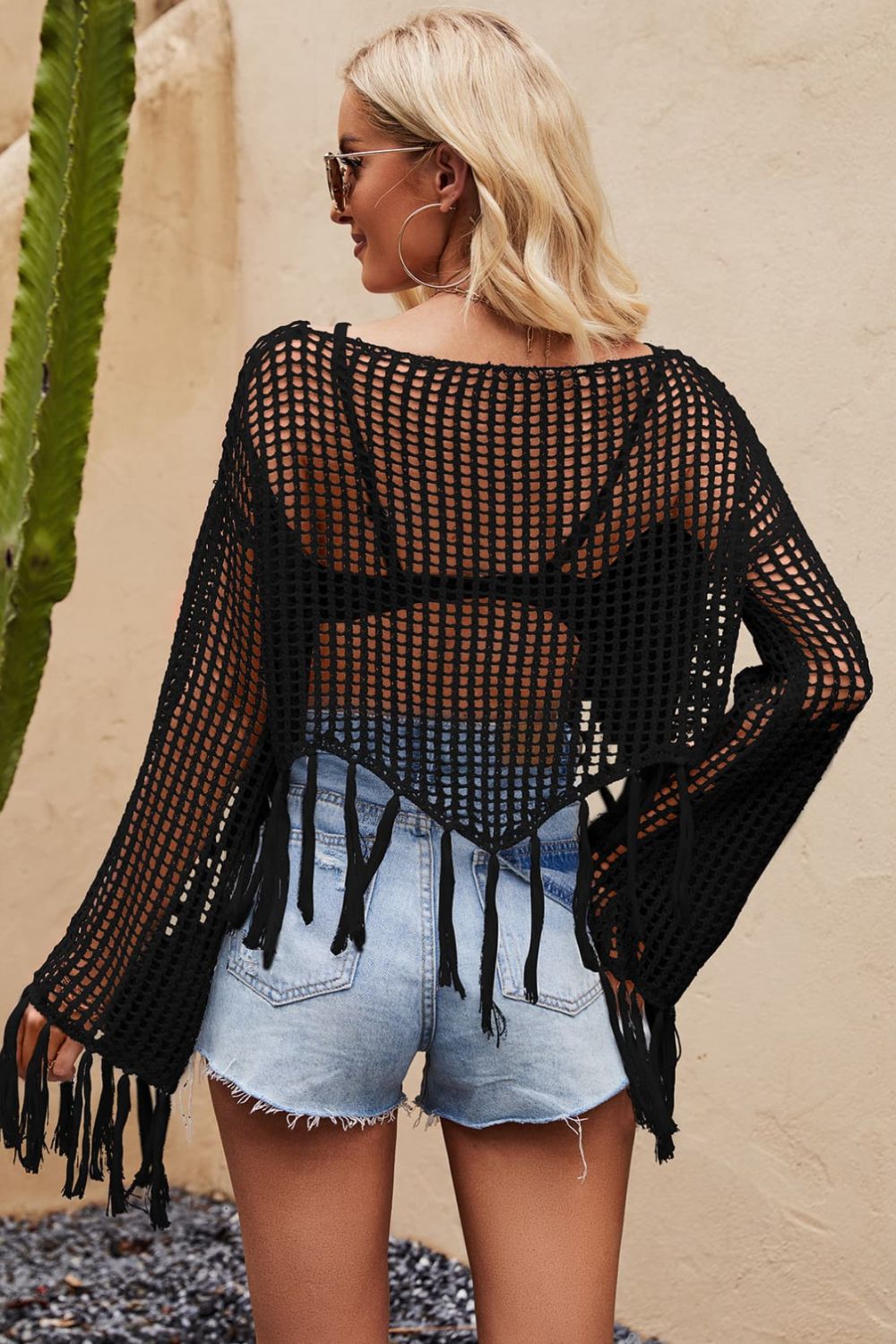 Tassel Hem Openwork Long Sleeve Cover Up-Jewearrings