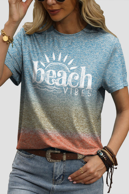 BEACH VIBES Round Neck Short Sleeve T-Shirt-Jewearrings