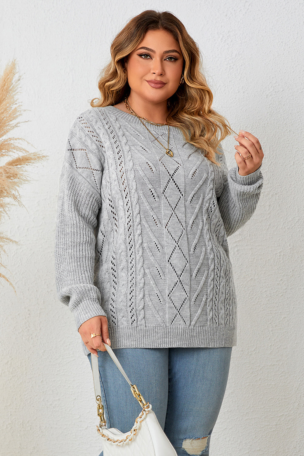 Plus Size Cold Shoulder Asymmetrical Cable-Knit Top-Jewearrings