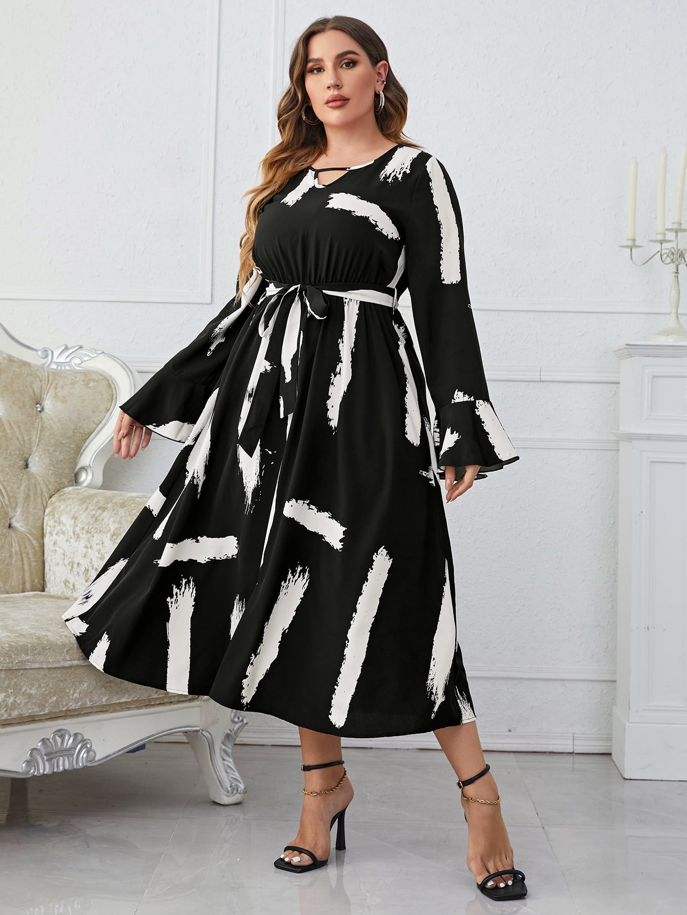 Melo Apparel Plus Size Printed Tie Belt Flare Sleeve Round Neck Midi Dress-Jewearrings