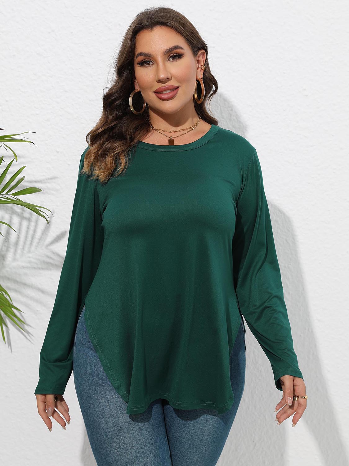 Plus Size Round Neck Long Sleeve Slit T-Shirt-Jewearrings