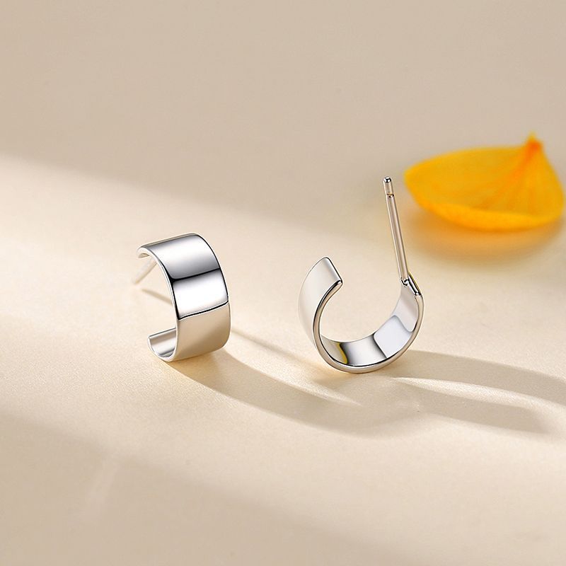 S925 Sterling Silver Glossy C-Shaped Stud Earrings-Jewearrings