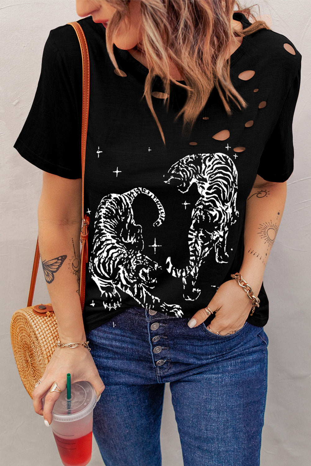 Cutout Graphic Round Neck Short Sleeve T-Shirt-Jewearrings